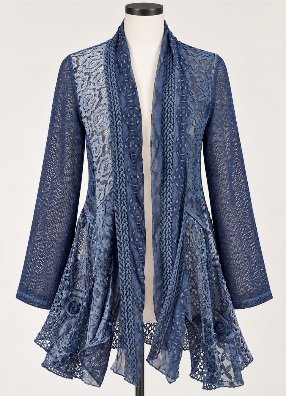 The Pyramid Collection Patchwork Lace Tunic 3X Steel Blue Mixed Media Boho NWOT